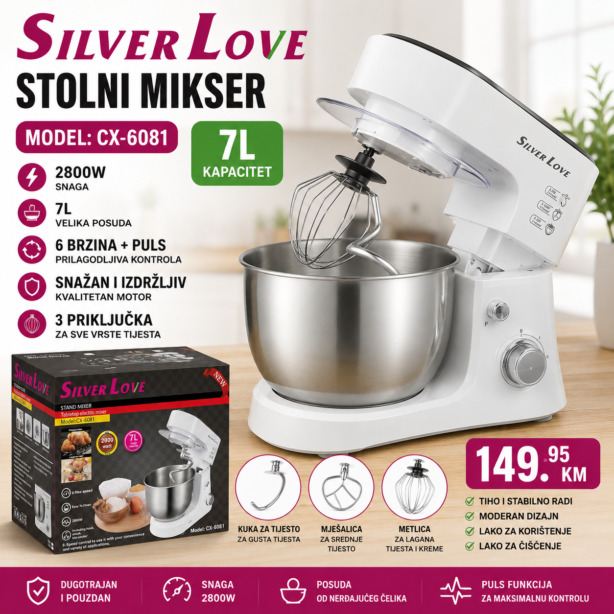 Silver Love stolni mikser 7L - 2800W