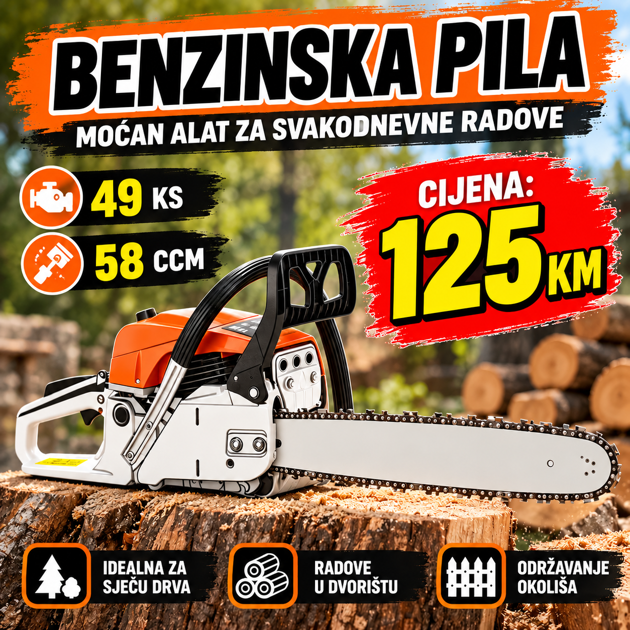 BENZINSKA MOTORNA PILA – 49 KS / 58 CCM