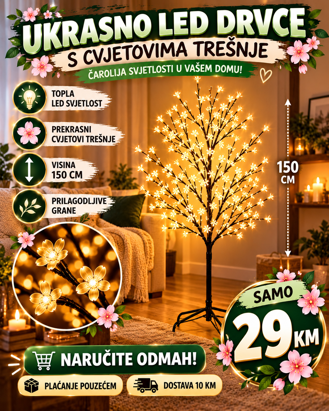 UKRASNO LED DRVCE S CVJETOVIMA TREŠNJE