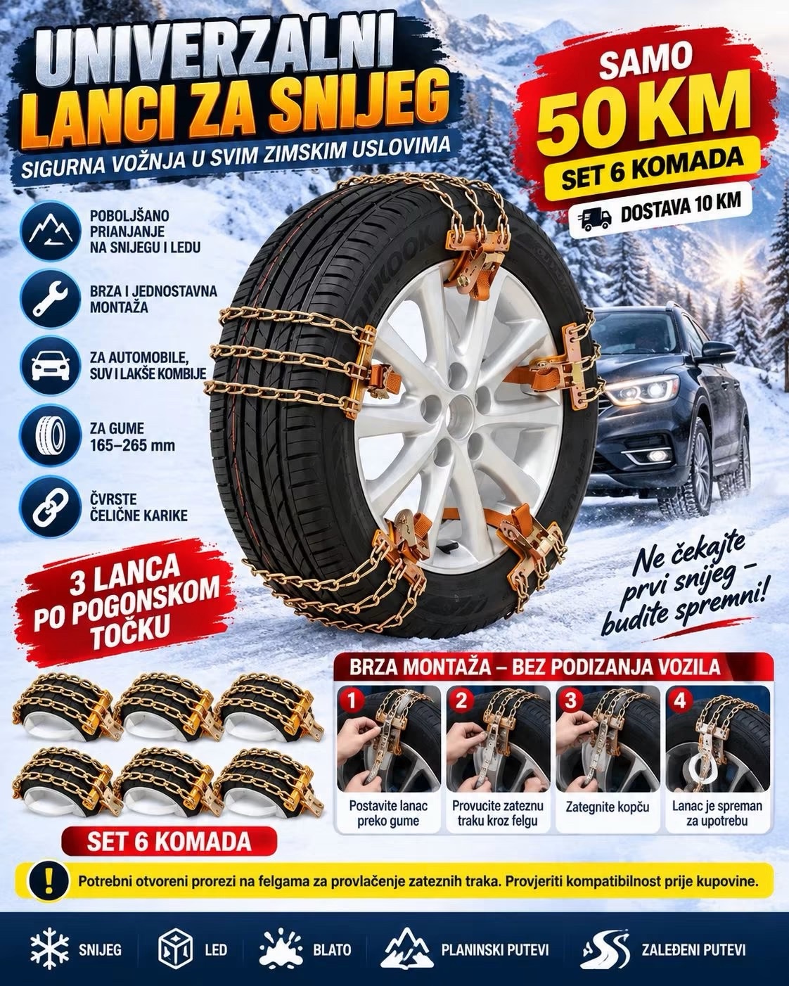 UNIVERZALNI LANCI ZA SNIJEG – SET 6 KOMADA